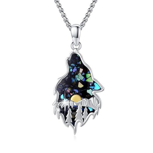 CRWENG Wolfskopf Halskette 925er Sterling Silber Shanyue Schmuck Anhänger Obsidian/Malachit/Opal/Türkis/Abalone Geeignet Für Männer Und Frauen (Abalone Muschelkies) von CRWENG