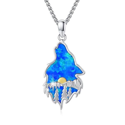 CRWENG Wolfskopf Halskette 925er Sterling Silber Shanyue Schmuck Anhänger Obsidian/Malachit/Opal/Türkis/Abalone Geeignet Für Männer Und Frauen (Blauer Opal) von CRWENG