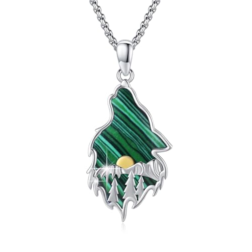CRWENG Wolfskopf Halskette 925er Sterling Silber Shanyue Schmuck Anhänger Obsidian/Malachit/Opal/Türkis/Abalone Geeignet Für Männer Und Frauen (Malachit) von CRWENG