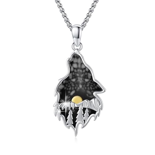 CRWENG Wolfskopf Halskette 925er Sterling Silber Shanyue Schmuck Anhänger Obsidian/Malachit/Opal/Türkis/Abalone Geeignet Für Männer Und Frauen (Obsidian) von CRWENG