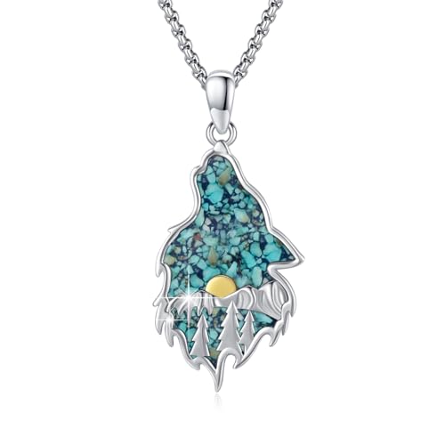 CRWENG Wolfskopf Halskette 925er Sterling Silber Shanyue Schmuck Anhänger Obsidian/Malachit/Opal/Türkis/Abalone Geeignet Für Männer Und Frauen (Türkisfarbener Kies) von CRWENG