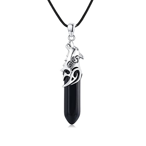 CRWENG Wolfskopf Halskette für Männer 925 Sterling Silber Wolfsanhänger Kristall Säulenhalskette Wikinger Amulett Schmuck Geburtstag Geschenk für Männer und Frauen (Schwarzer Kristall) von CRWENG