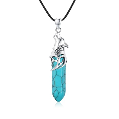 CRWENG Wolfskopf Halskette für Männer 925 Sterling Silber Wolfsanhänger Kristall Säulenhalskette Wikinger Amulett Schmuck Geburtstag Geschenk für Männer und Frauen（türkis von CRWENG