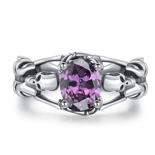 Offener Totenkopf Ring für Damen Sterling Silber Gothic Totenkopf Schwarze Kristallringe Halloween Cosplayer Ring Rock Punk Schmuck Geschenk für Frauen und Mädchen (Lila) von CRWENG