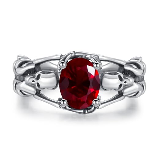 Offener Totenkopf Ring für Damen Sterling Silber Gothic Totenkopf Schwarze Kristallringe Halloween Cosplayer Ring Rock Punk Schmuck Geschenk für Frauen und Mädchen (Rot) von CRWENG