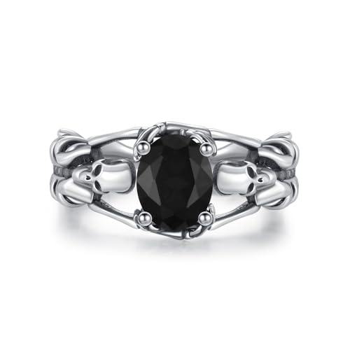 Offener Totenkopf Ring für Damen Sterling Silber Gothic Totenkopf Schwarze Kristallringe Halloween Cosplayer Ring Rock Punk Schmuck Geschenk für Frauen und Mädchen (Schwarz) von CRWENG