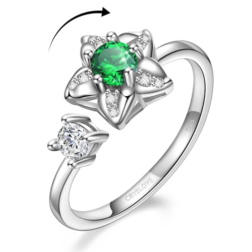 CRYSLOVE Angst Relief Ringe für Frauen Mädchen 925 Sterling Silber Geburtsstein Blume Ringe Einstellbare Offene Stapelbare Knuckle Hochzeit Verlobungsringe mit Geschenk Boxed von CRYSLOVE