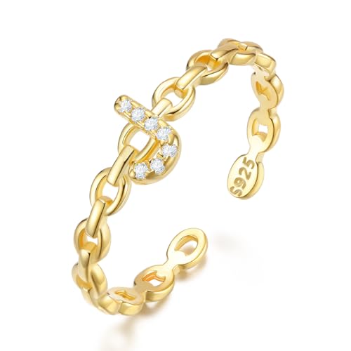 CRYSLOVE S925 Sterling Silber Verstellbarer Buchstabe Ringe für Damen Mädchen 14K Vergoldet Zirkon Stapelbare Offener Initiale Alphabet A-Z Ringe mit Großbuchstaben Schmuck Geschenke von CRYSLOVE