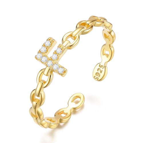 CRYSLOVE S925 Sterling Silber Verstellbarer Buchstabe Ringe für Damen Mädchen 14K Vergoldet Zirkon Stapelbare Offener Initiale Alphabet A-Z Ringe mit Großbuchstaben Schmuck Geschenke von CRYSLOVE