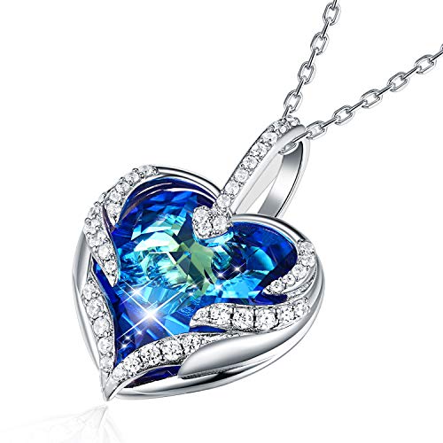 CRYSLOVE Muttertagsgeschenk Herz Kette Halskette für Damen Frauen Angel Wing Halskette mit Blau Kristallen Anhänger,Geschenkbox für Schmuck von CRYSLOVE