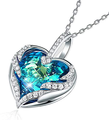 CRYSLOVE Muttertagsgeschenk Herz Kette Halskette für Damen Frauen Angel Wing Halskette mit Blau Kristallen Anhänger,Geschenkbox für Schmuck von CRYSLOVE