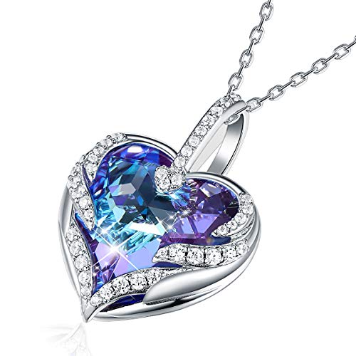 CRYSLOVE Muttertagsgeschenk Herz Kette Halskette für Damen Frauen Angel Wing Halskette mit Lila Kristallen Anhänger,Geschenkbox für Schmuck von CRYSLOVE