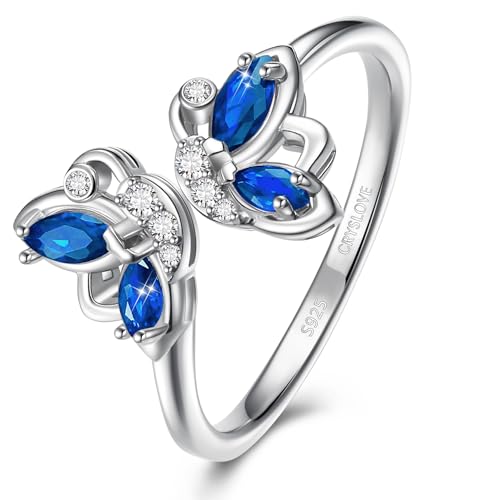CRYSLOVE S925 Sterling Silber Birthstone Schmetterling Ringe für Damen Frauen Cubic Zirkon Schmetterlinge Einstellbare Offene Ringe Aussage Schmuck Geschenke für Weihnachten für Mutter Tochter von CRYSLOVE