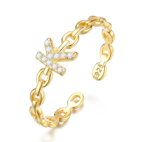 CRYSLOVE S925 Sterling Silber Verstellbarer Buchstabe Ringe für Damen Mädchen 14K Vergoldet Zirkon Stapelbare Offener Initiale Alphabet A-Z Ringe mit Großbuchstaben Schmuck Geschenke von CRYSLOVE