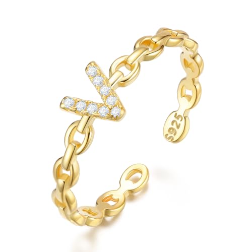 CRYSLOVE S925 Sterling Silber Verstellbarer Buchstabe Ringe für Damen Mädchen 14K Vergoldet Zirkon Stapelbare Offener Initiale Alphabet A-Z Ringe mit Großbuchstaben Schmuck Geschenke von CRYSLOVE