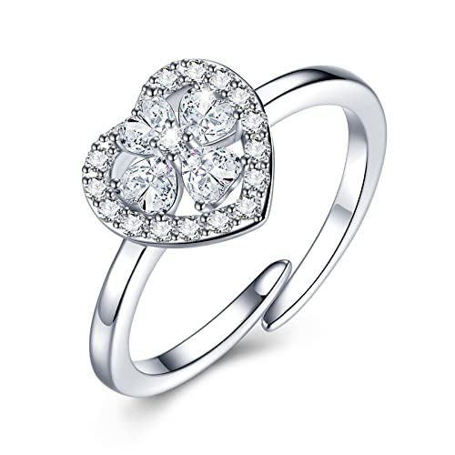 CRYSLOVE Verlobungsring Damen 925 Sterling Silber Offener Verstellbare Vierblättriges Kleeblatt-Herz Zirkonia Promise Eheringe Ringe,Damen Schmuck von CRYSLOVE