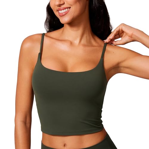 CRZ YOGA Butterlift Damen Ohne Bügel Sport BH Verstellbare Träger Longline Yoga Gepolstert Bustier Crop Top U Back Workout Bra Olivgrün 38 von CRZ YOGA