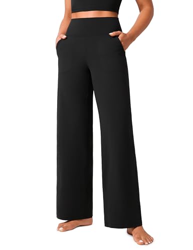 CRZ YOGA Butterlift Damen High Waist Weites Bein Trousers - 79cm Jogginghose mit Taschen Freizeithose Yogahose Workout Hose Schwarz 40 von CRZ YOGA