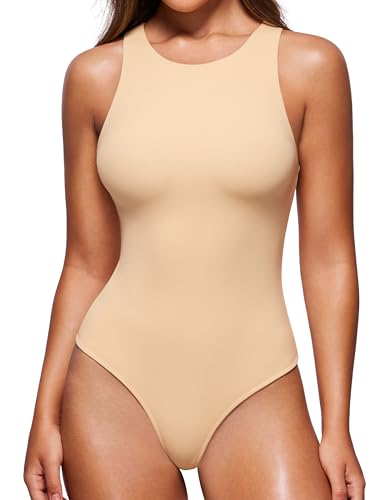 CRZ YOGA Butterluxe Damen Ärmellos Bodysuit Figurenformend Racerback Hoher Hals Shapewear One Piece Body Shaper Bräunungs-Milchshake 38 von CRZ YOGA