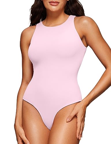 CRZ YOGA Butterluxe Damen Ärmellos Bodysuit Figurenformend Racerback Hoher Hals Shapewear One Piece Body Shaper Rosa Pfingstrose 38 von CRZ YOGA