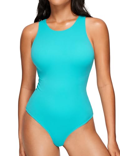 CRZ YOGA Butterluxe Damen Ärmellos Bodysuit Figurenformend Racerback Hoher Hals Shapewear One Piece Body Shaper Spektralblau 36 von CRZ YOGA