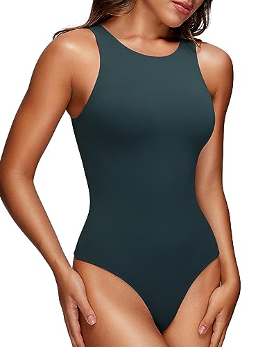 CRZ YOGA Butterluxe Damen Ärmellos Bodysuit Figurenformend Racerback Hoher Hals Shapewear One Piece Body Shaper Wald Dunkelgrün 36 von CRZ YOGA