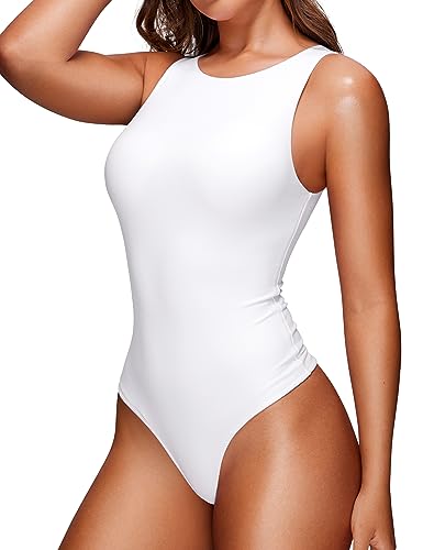 CRZ YOGA Butterluxe Damen Ärmellos Bodysuit Figurenformend Racerback Hoher Hals Shapewear One Piece Body Shaper Weiss 34 von CRZ YOGA