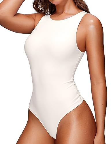 CRZ YOGA Butterluxe Damen Ärmellos Bodysuit Figurenformend Racerback Hoher Hals Shapewear One Piece Body Shaper Weiße Aprikose 34 von CRZ YOGA