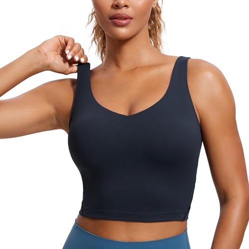 CRZ YOGA Butterluxe Damen V-Ausschnitt Longline Sport-BH - Gepolstert Workout Crop Tank Top mit Eingebautem BH Dämmerungsblau M von CRZ YOGA