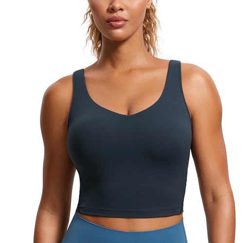 CRZ YOGA Butterluxe Damen V-Ausschnitt Longline Sport-BH - Gepolstert Workout Crop Tank Top mit Eingebautem BH Echte Marine XS von CRZ YOGA