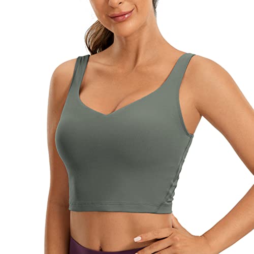 CRZ YOGA Butterluxe Damen V-Ausschnitt Longline Sport-BH - Gepolstert Workout Crop Tank Top mit Eingebautem BH Grauer Salbei L von CRZ YOGA