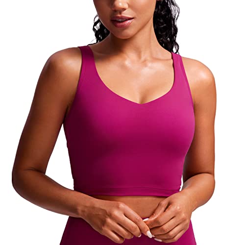 CRZ YOGA Butterluxe Damen V-Ausschnitt Longline Sport-BH - Gepolstert Workout Crop Tank Top mit Eingebautem BH Magenta Violett S von CRZ YOGA