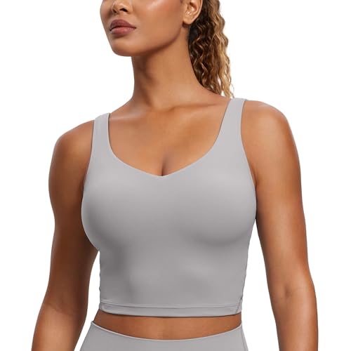 CRZ YOGA Butterluxe Damen V-Ausschnitt Longline Sport-BH - Gepolstert Workout Crop Tank Top mit Eingebautem BH Möwe Grau L von CRZ YOGA