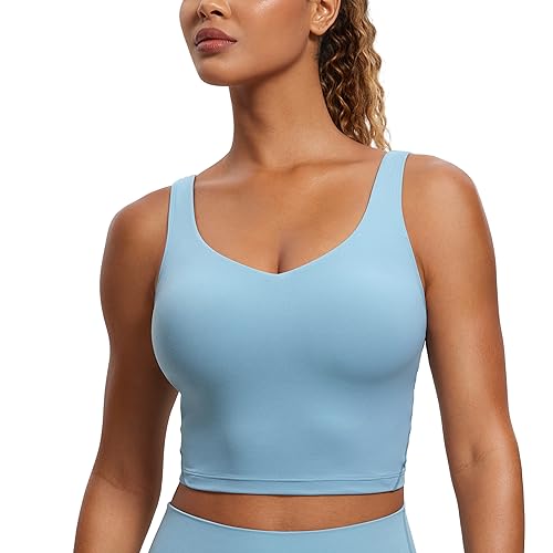 CRZ YOGA Butterluxe Damen V-Ausschnitt Longline Sport-BH - Gepolstert Workout Crop Tank Top mit Eingebautem BH Reines Blau S von CRZ YOGA