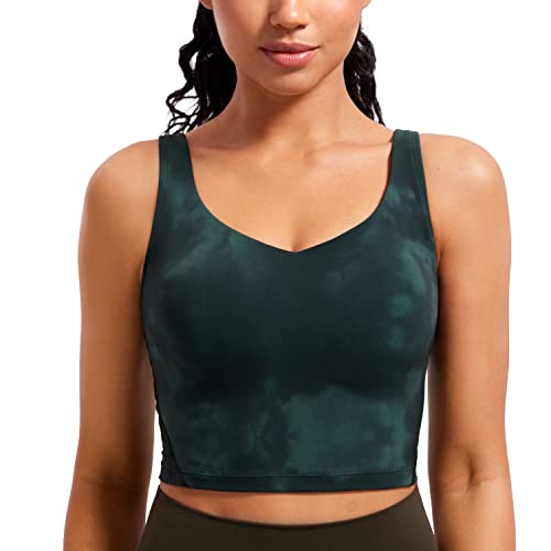 CRZ YOGA Butterluxe Damen V-Ausschnitt Longline Sport-BH - Gepolstert Workout Crop Tank Top mit Eingebautem BH Smaragdgrüne Batikblumen S von CRZ YOGA