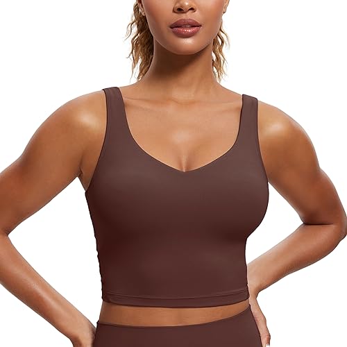 CRZ YOGA Butterluxe Damen V-Ausschnitt Longline Sport-BH - Gepolstert Workout Crop Tank Top mit Eingebautem BH Taupe L von CRZ YOGA