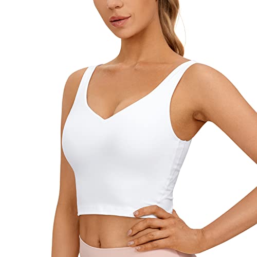 CRZ YOGA Butterluxe Damen V-Ausschnitt Longline Sport-BH - Gepolstert Workout Crop Tank Top mit Eingebautem BH Weiss L von CRZ YOGA