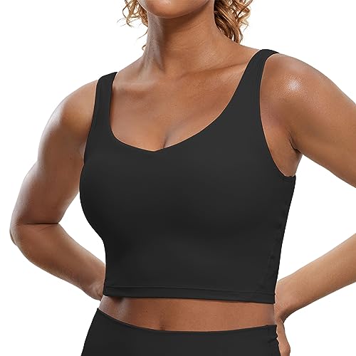 CRZ YOGA Butterluxe Damen V-Ausschnitt Longline Sport-BH - Gepolstert Workout Crop Tank Top mit Eingebautem BH Schwarz M von CRZ YOGA