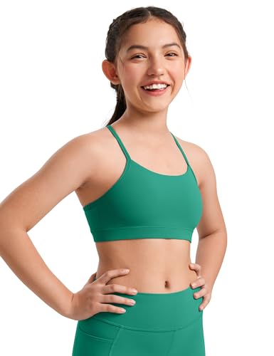 CRZ YOGA Butterluxe Mädchen Sport BH Bustier mit Spaghettiträger Baumwolle Trainings Trägertop Kinder Bra Top Unterwäsche Cascadia Grün M von CRZ YOGA