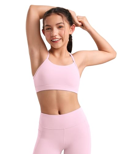 CRZ YOGA Butterluxe Mädchen Sport BH Bustier mit Spaghettiträger Baumwolle Trainings Trägertop Kinder Bra Top Unterwäsche Rosa Pfingstrose S von CRZ YOGA