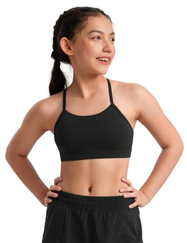 CRZ YOGA Butterluxe Mädchen Sport BH Bustier mit Spaghettiträger Baumwolle Trainings Trägertop Kinder Bra Top Unterwäsche Schwarz S von CRZ YOGA
