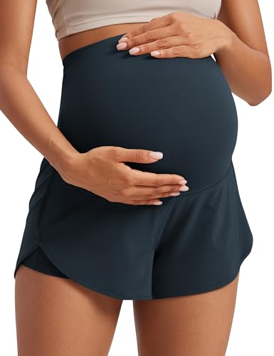 CRZ YOGA Damen 2 in 1 Mutterschaft Workout Shorts mit Tasche über Bauch Geteilter Schlitz Athletic Running Lässig - 8 cm Echte Marine 38 von CRZ YOGA