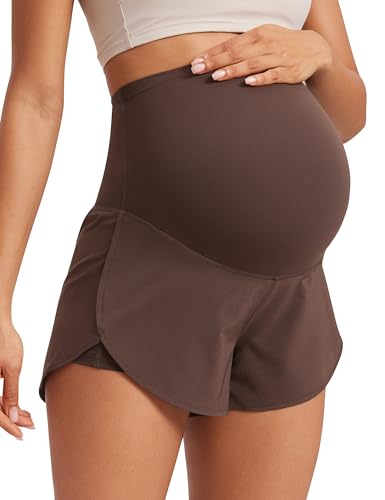 CRZ YOGA Damen 2 in 1 Mutterschaft Workout Shorts mit Tasche über Bauch Geteilter Schlitz Athletic Running Lässig - 8 cm Heißes Fudge-Brown 38 von CRZ YOGA