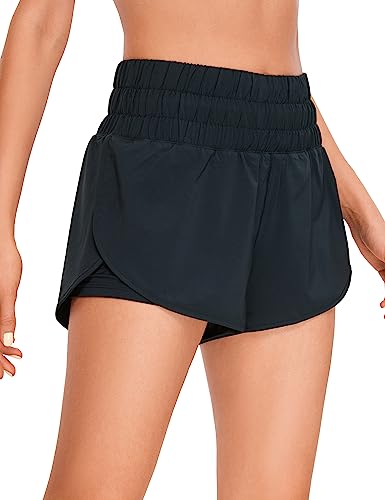CRZ YOGA Damen 2 in 1 Running Shorts High Waist Schnelltrocknend Atmungsaktiv Sporthose Laufhose Laufshorts mit Tasche Echte Marine 34 von CRZ YOGA