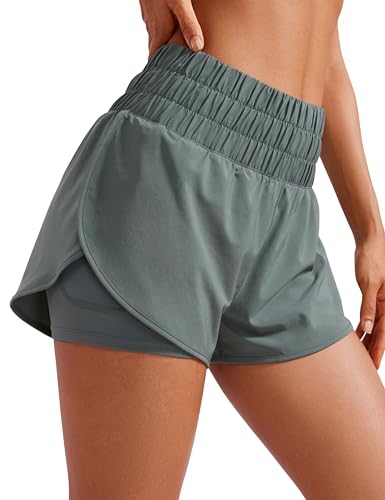 CRZ YOGA Damen 2 in 1 Running Shorts High Waist Schnelltrocknend Atmungsaktiv Sporthose Laufhose Laufshorts mit Tasche Grauer Salbei 42 von CRZ YOGA