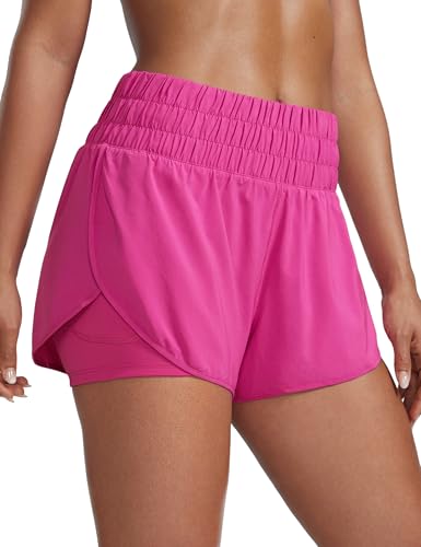 CRZ YOGA Damen 2 in 1 Running Shorts High Waist Schnelltrocknend Atmungsaktiv Sporthose Laufhose Laufshorts mit Tasche Hibiskus-Purpur 40 von CRZ YOGA