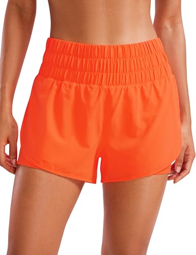 CRZ YOGA Damen 2 in 1 Running Shorts High Waist Schnelltrocknend Atmungsaktiv Sporthose Laufhose Laufshorts mit Tasche Neon Orange 40 von CRZ YOGA