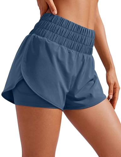 CRZ YOGA Damen 2 in 1 Running Shorts High Waist Schnelltrocknend Atmungsaktiv Sporthose Laufhose Laufshorts mit Tasche Sternenlicht 44 von CRZ YOGA
