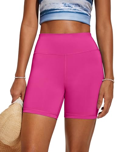 CRZ YOGA Damen Badeshorts Bauchkontrolle High Waist Schwimmshorts Sport Beach Badehose Wassersport Kurze Hose - 13cm Hibiskus-Purpur 40 von CRZ YOGA