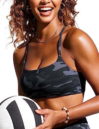 CRZ YOGA Damen Bikini Oberteil Gepolstert Sport BH Verstellbar Spaghetti Träger Bademode Swimsuit Bra Top Dschungeltarnung Grau 40 von CRZ YOGA